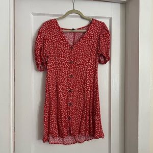 Red floral short puff sleeve sundress